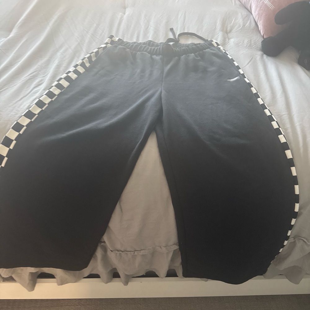 Vans Black Wide Leg Pants with White Checkered Trim